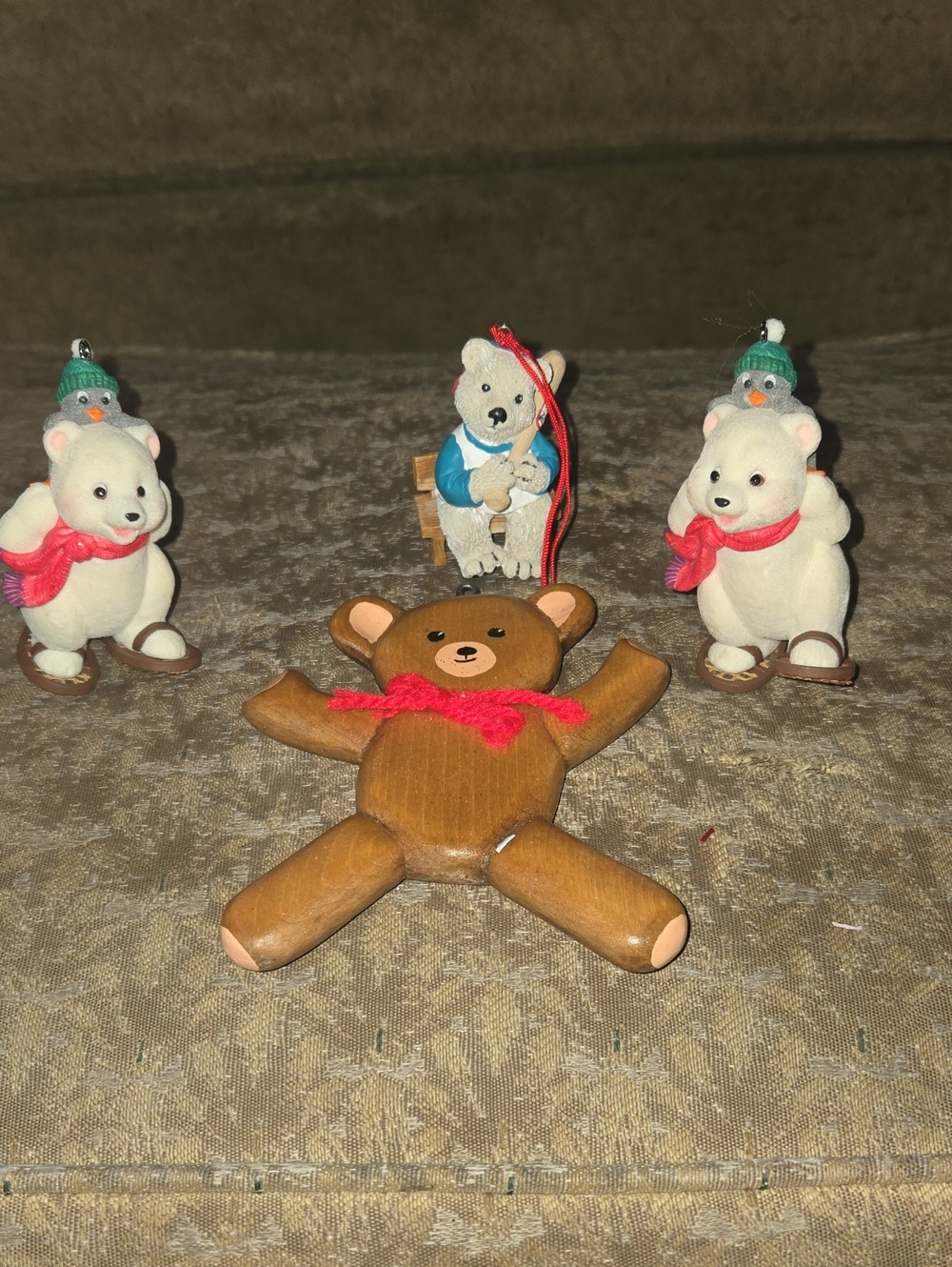 Wooden Bear Ornament with Four Small Bear Figurines - Brown and White